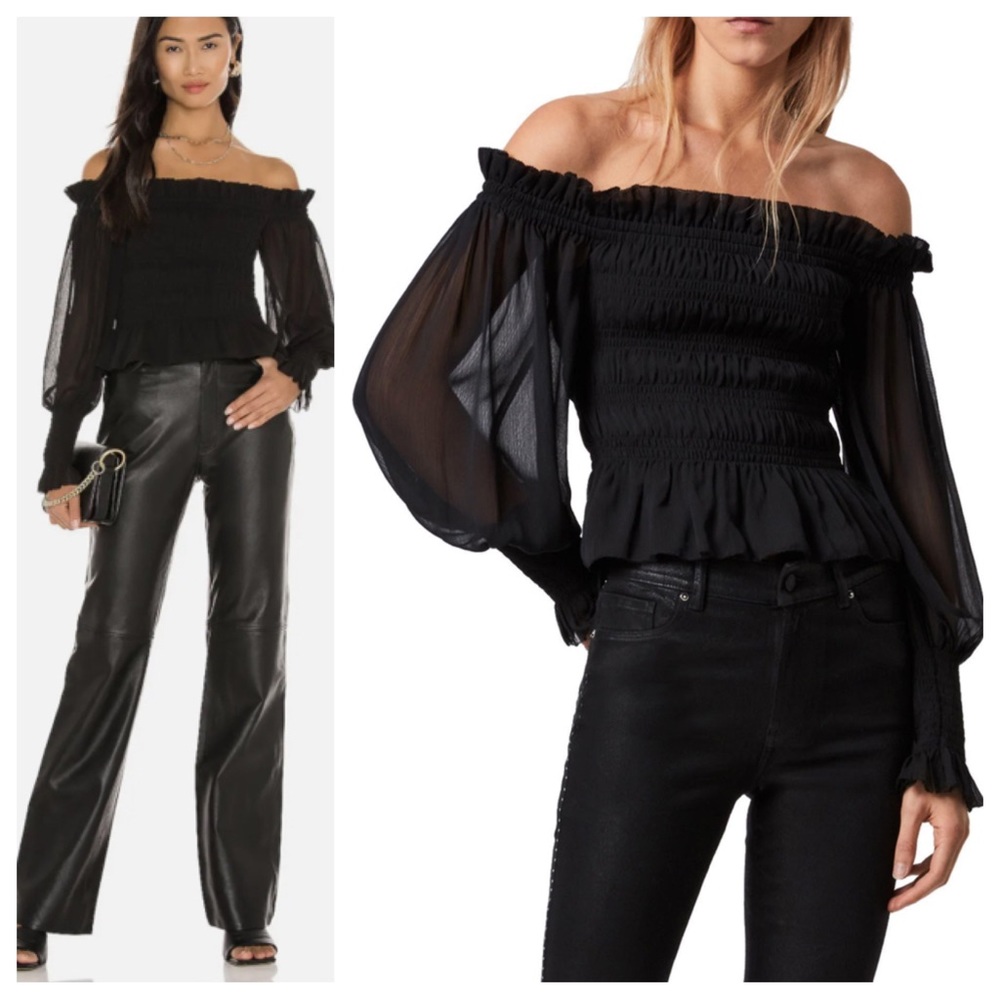 Allsaints Lara Black Smocked Shirred Off The Shoulder Peplum Top